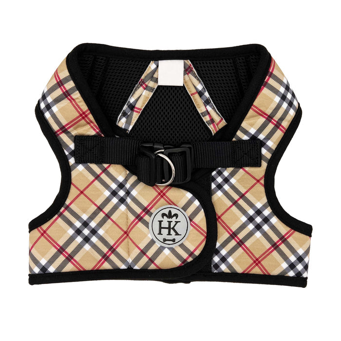 Dog wearing High Street Plaid Hudson Harness on a white background.