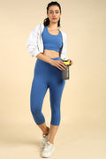 Blue Mom Capri; capri length provides coverage for daily wear.