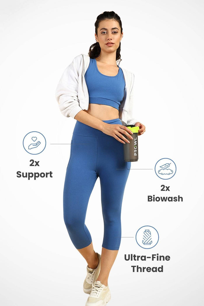 Model wearing Blue Mom Capri; high waist design provides support for the belly.
