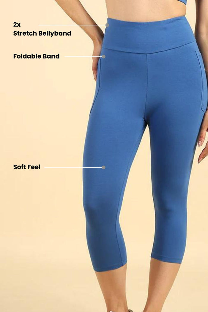 Blue Mom Capri side profile; comfortable fit follows the shape of the body.