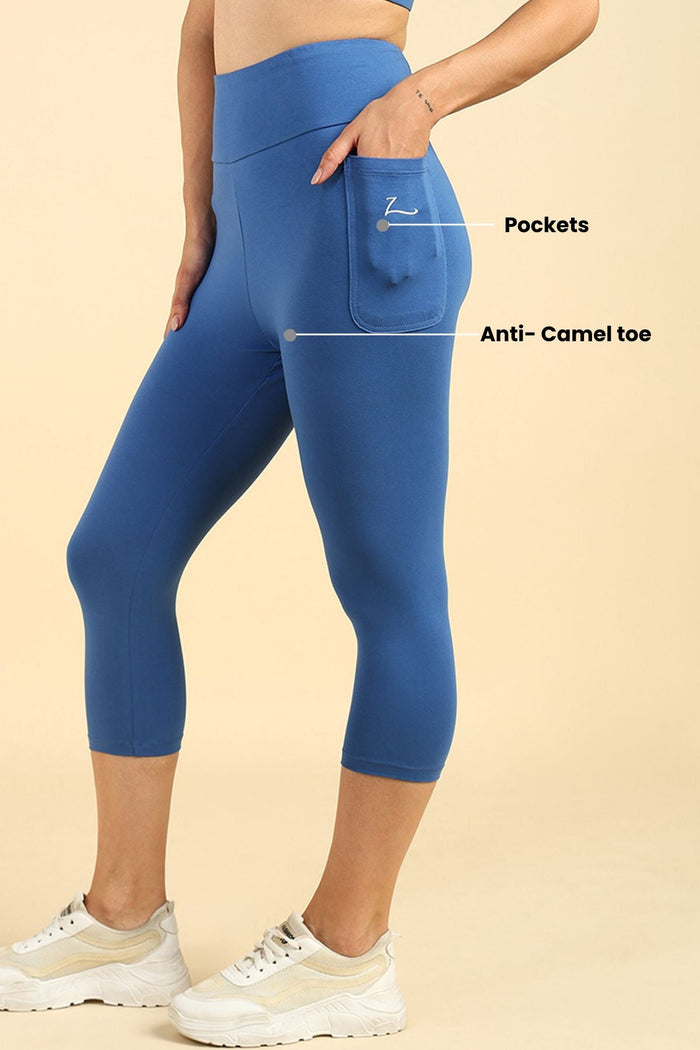 Blue Mom Capri waistband; panel adjusts to fit body size changes.