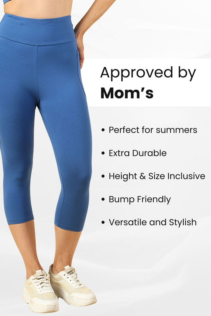 Blue Mom Capri hem; length is suitable for active daily movement.