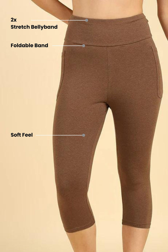 Melange Brown Capri back view; back coverage ensures garment stays in place.