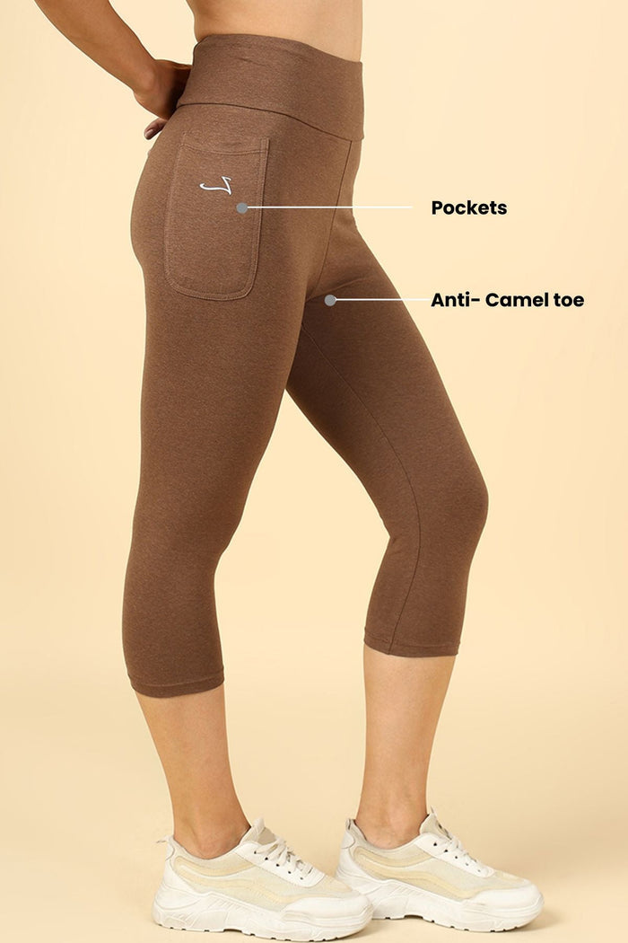 Melange Brown Mom Capri waistband; panel adapts to fit body size changes.