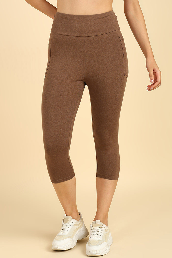 High Waist Melange Brown Capri; garment is suitable for wear throughout pregnancy.