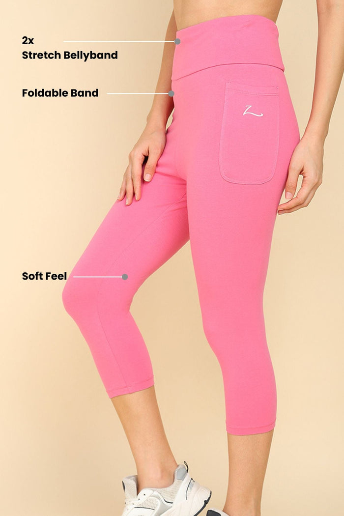 Pink Mom Capri side profile; side seam construction ensures comfortable wear.