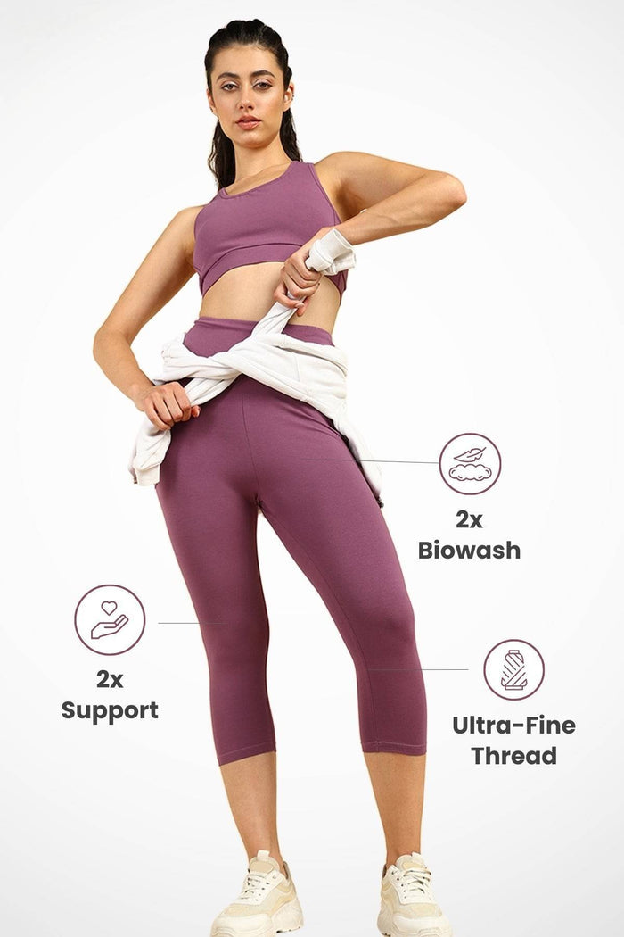 Model wearing Rosewood Mom Capri; high waist design provides support for the belly.