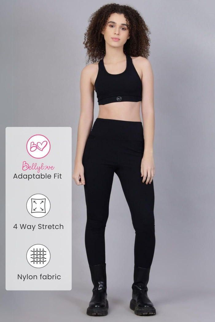 Black Postpartum Leggings; high waist panel provides full coverage for the tummy.