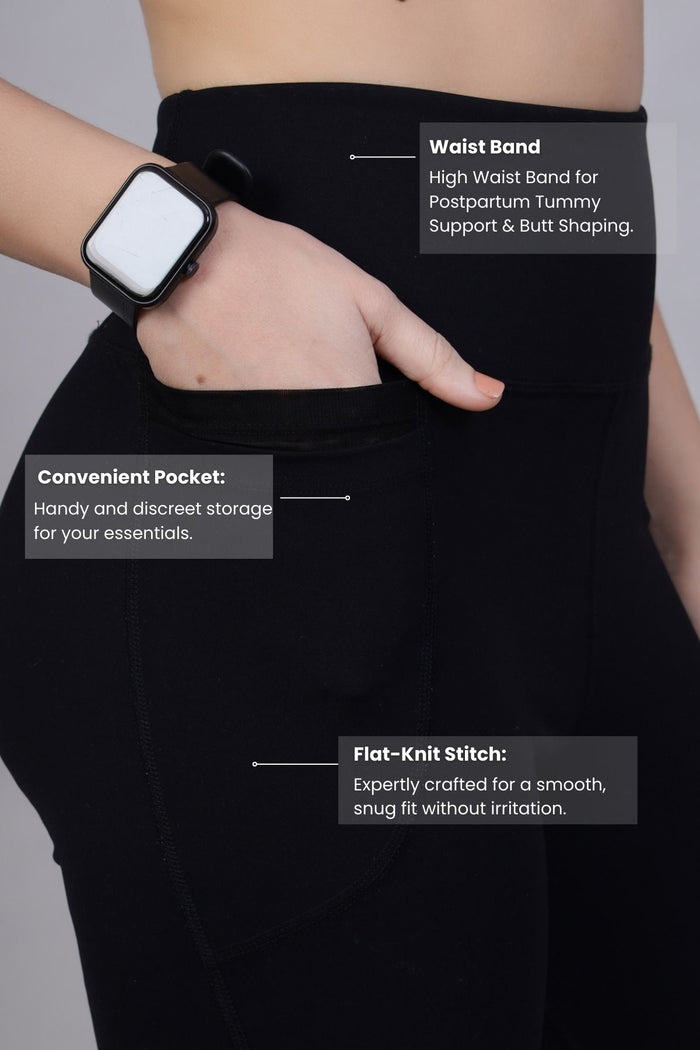 Model wearing Black Leggings; high waist provides gentle compression support.