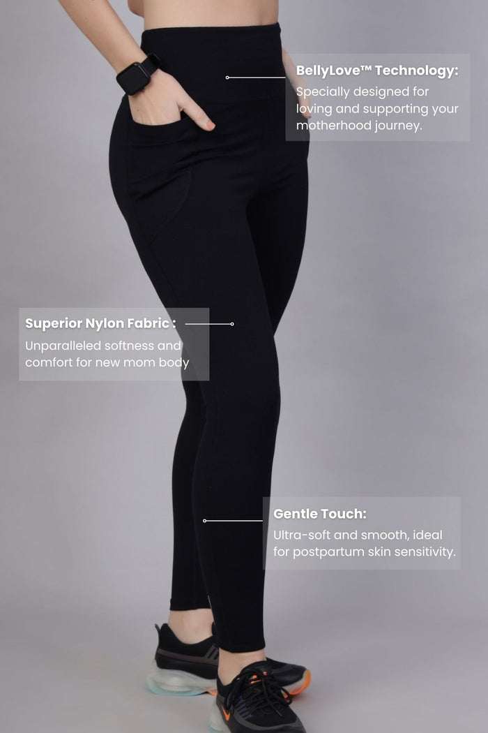 Black Leggings waist; high waist covers the postpartum tummy and c-section area.