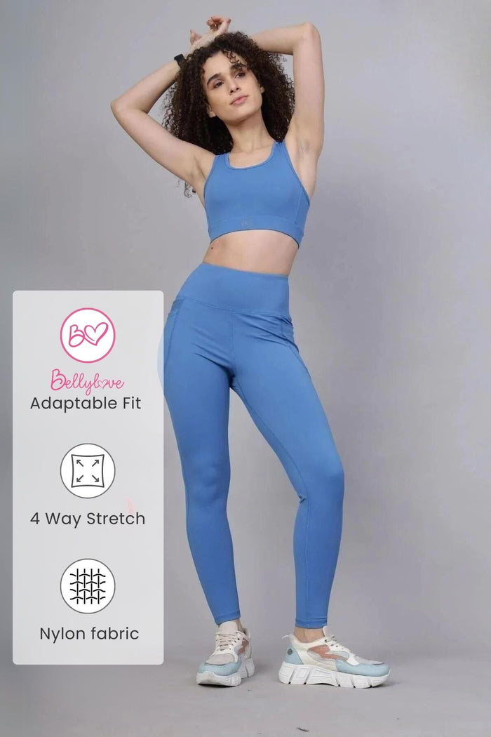 Model wearing Blue Leggings; high waist provides gentle compression support.