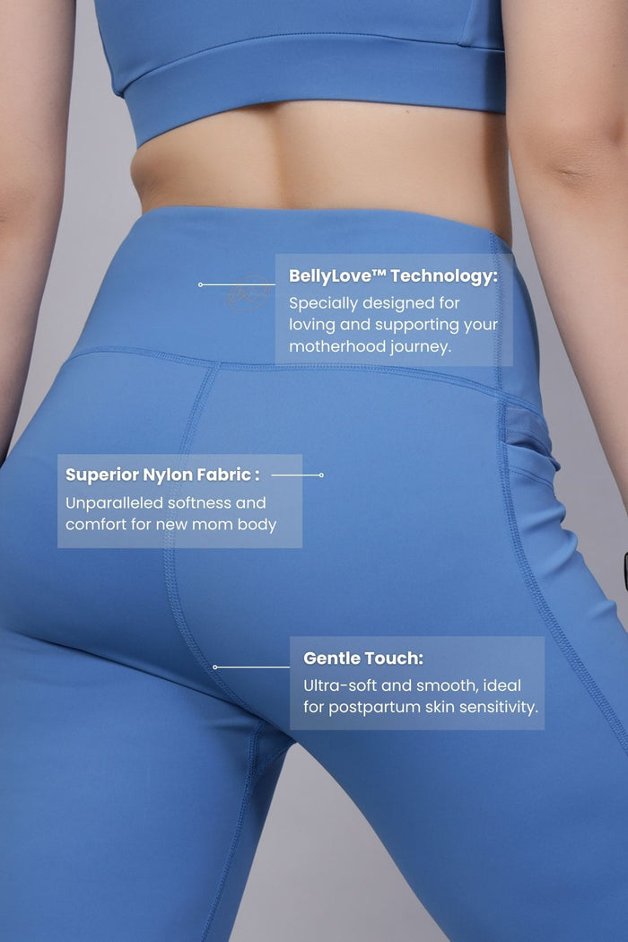 Blue Leggings waist; high waist covers the postpartum tummy and c-section area.