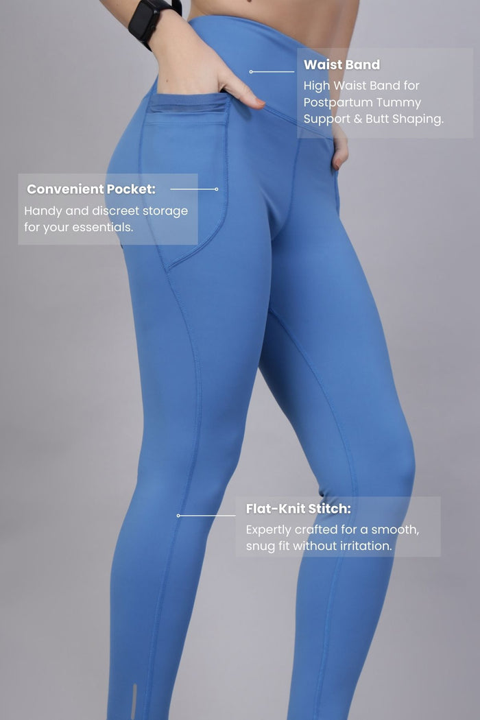 Blue Leggings fabric; stretchy material ensures comfortable movement and fit.