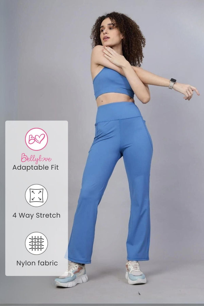 Blue Postpartum Pants; tapered leg shape provides a tailored silhouette for daily wear.