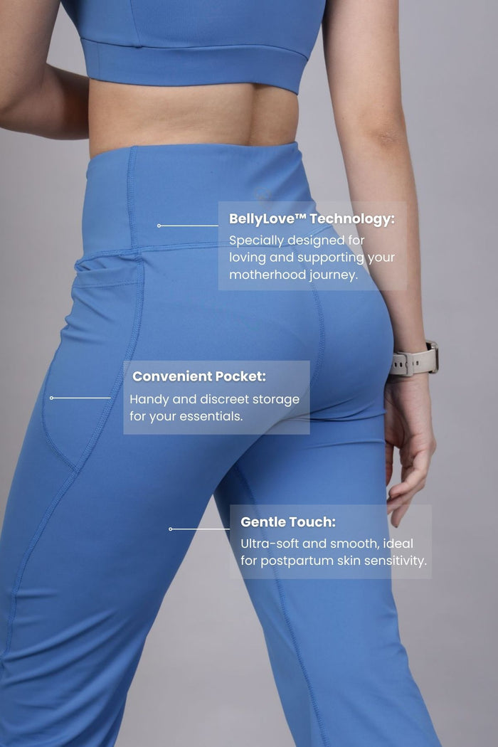Blue Postpartum Pants pockets; two functional side pockets offer storage for small items.