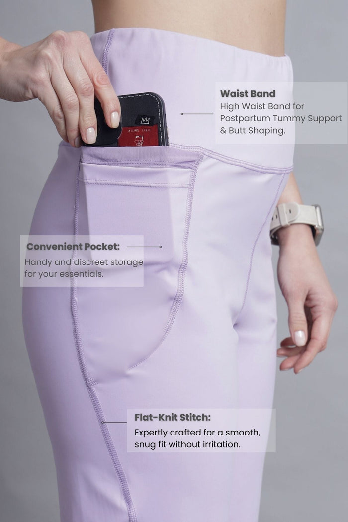 Lavender Postpartum Pants waist; high waist covers the postpartum tummy area.