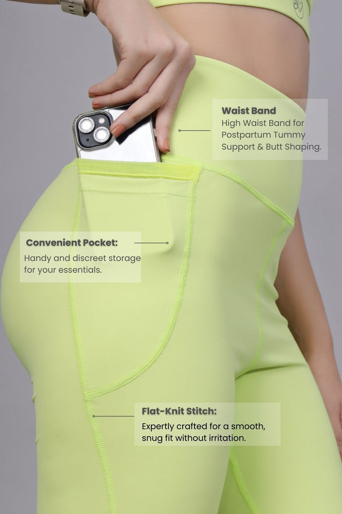 Lime Postpartum Pants waist; high waist covers the entire tummy area post-delivery.