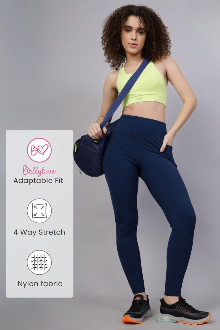 Navy Blue Postpartum Leggings; high waist panel provides full coverage for the tummy.