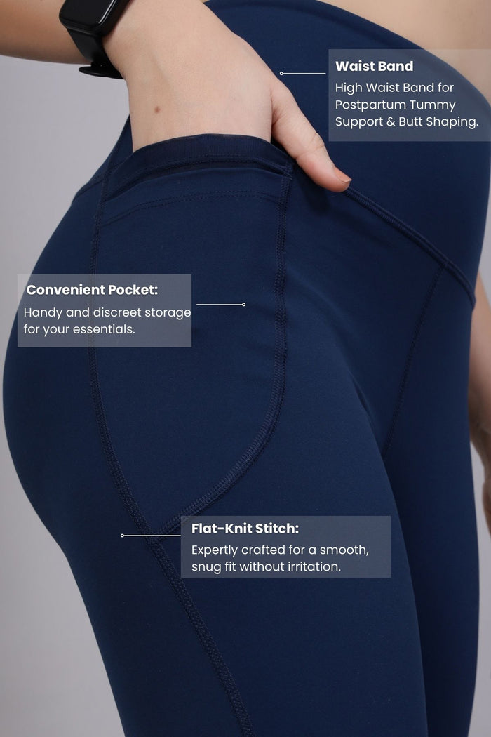 Model wearing Navy Blue Leggings; high waist provides gentle compression support.