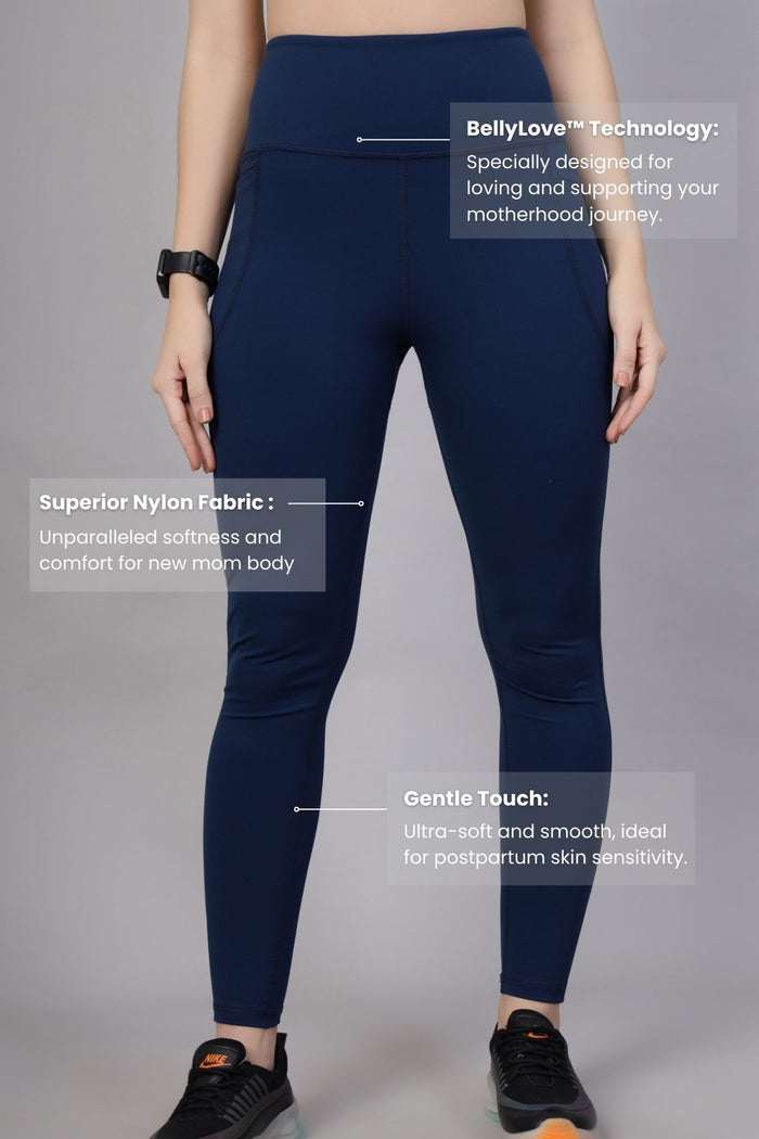 Navy Blue Leggings waist; high waist covers the postpartum tummy and c-section area.