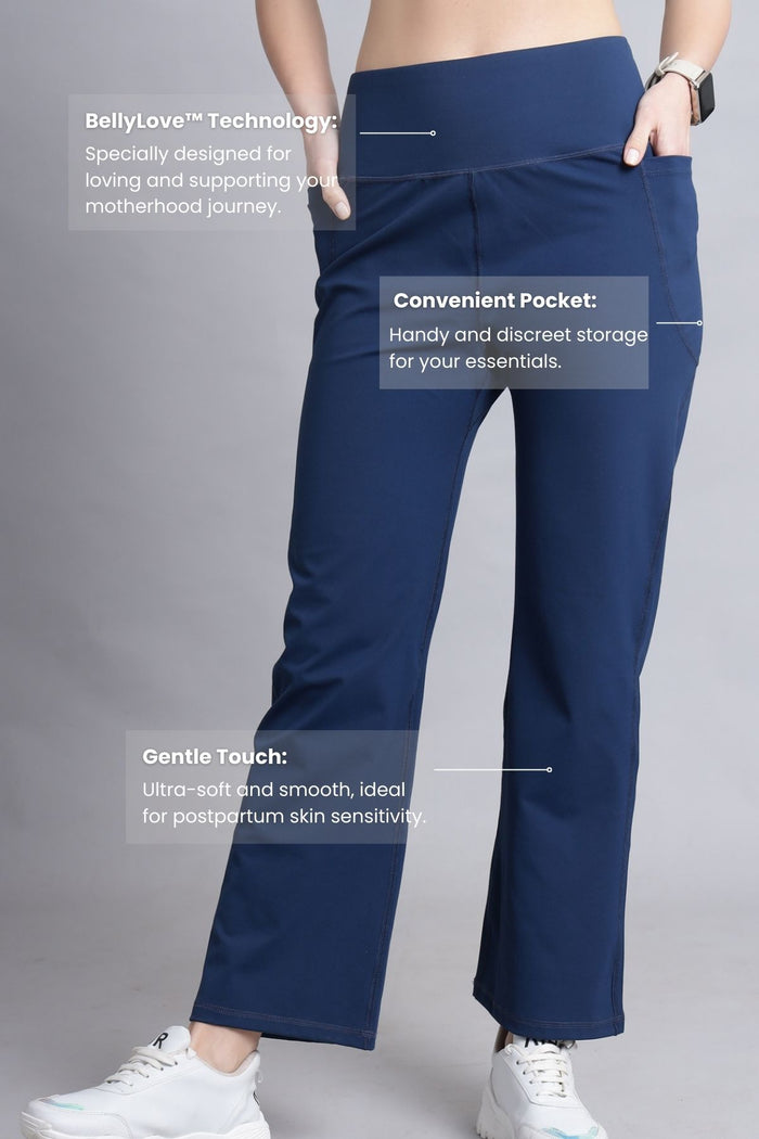 Model wearing Navy Blue Pants; high waistband provides gentle compression support.