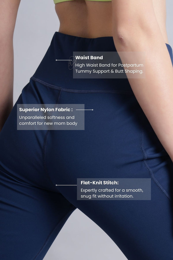Navy Blue Postpartum Pants waist; high waist covers the postpartum tummy area.