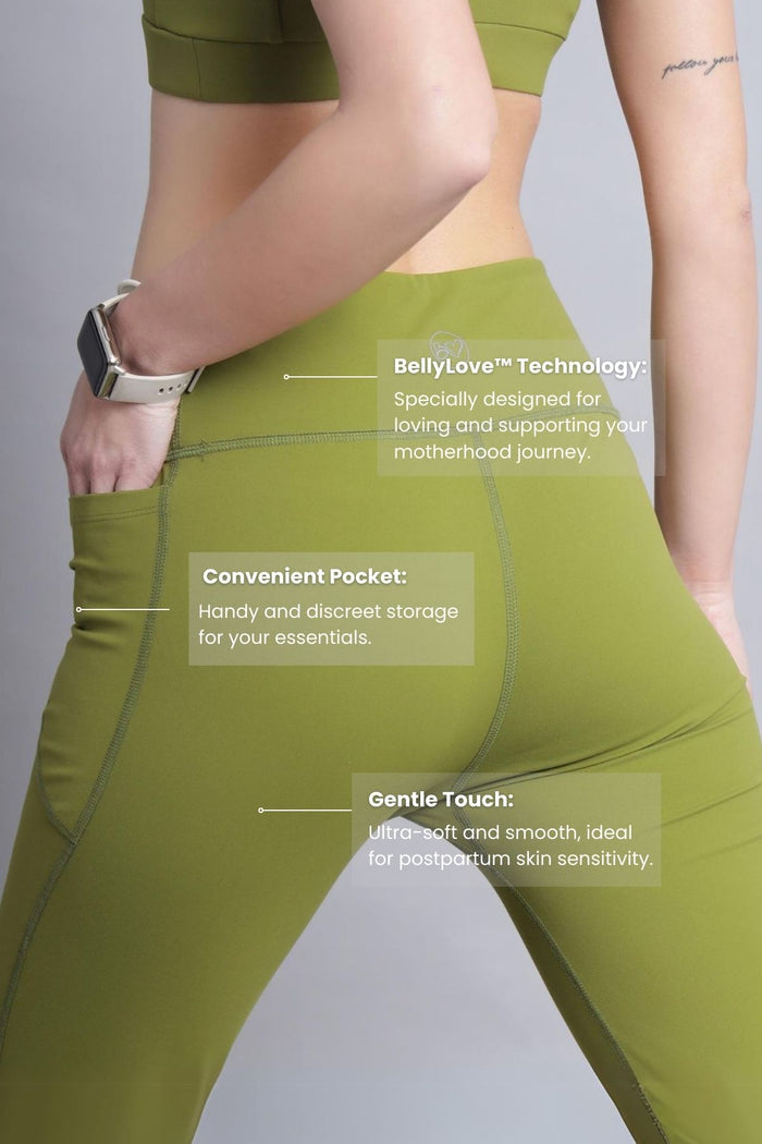 Olive Leggings waist; high waist covers the postpartum tummy and c-section area.
