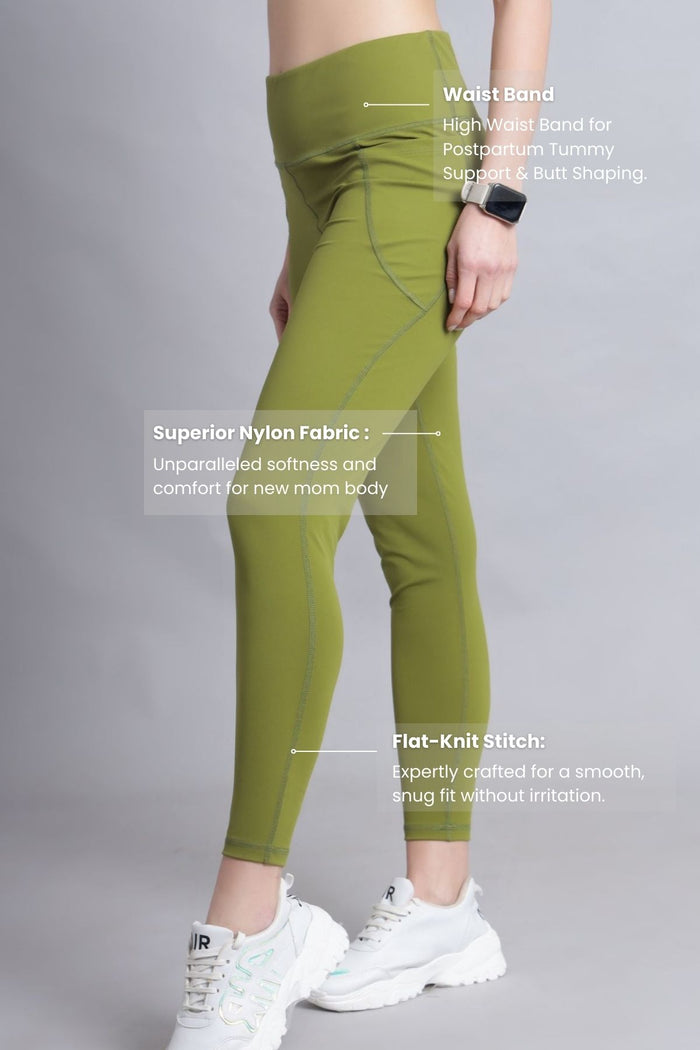 Olive Leggings fabric; stretchy material ensures comfortable movement and fit.