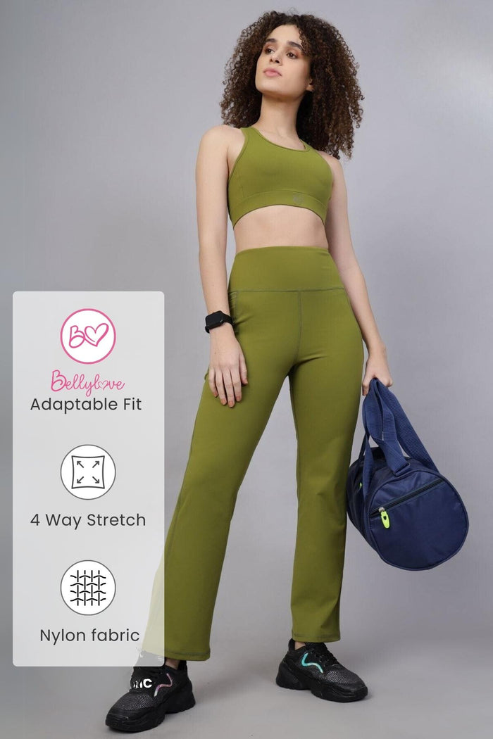 Olive Postpartum Pants; tapered leg shape provides a tailored silhouette.