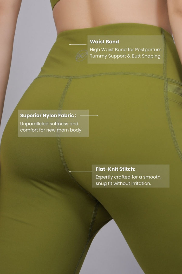 Olive Postpartum Pants waist; high waist covers the postpartum tummy area.
