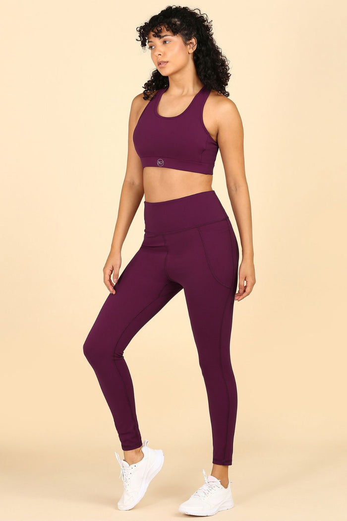 Wine Postpartum Leggings; high waist panel provides full coverage for the tummy.