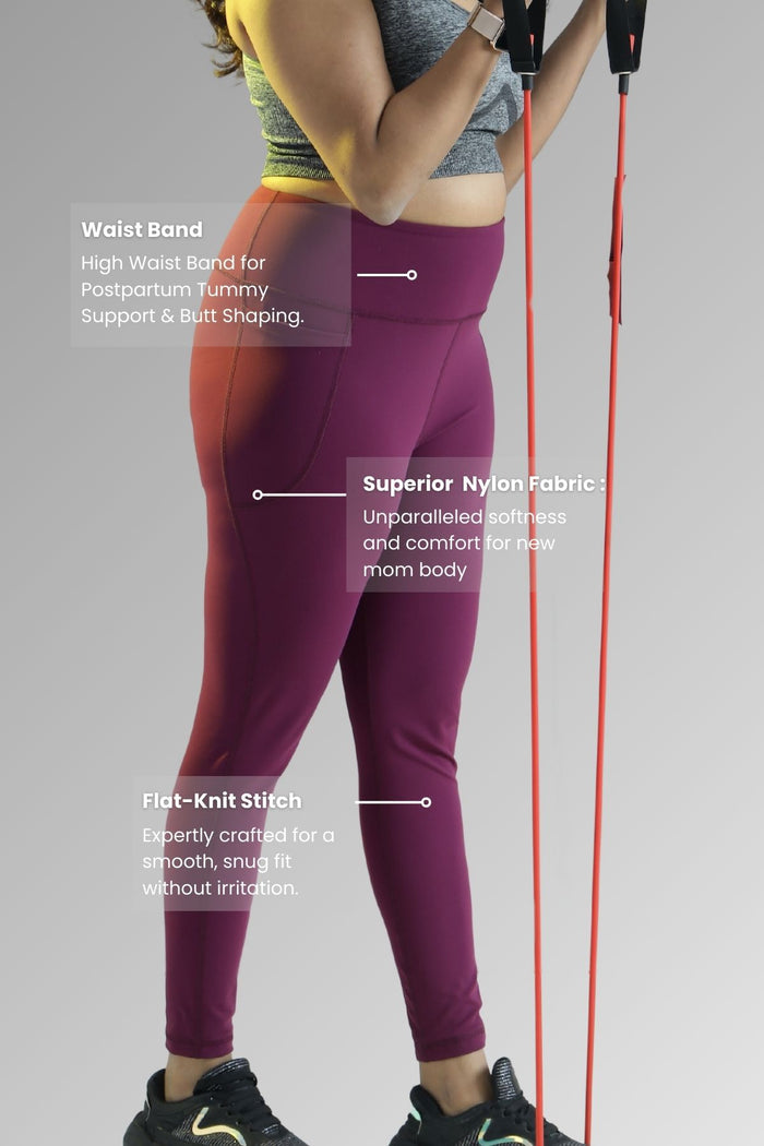 Wine Leggings waist; high waist covers the postpartum tummy and c-section area.