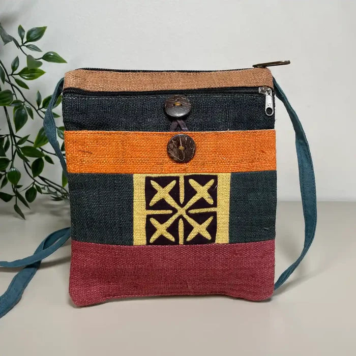 H'mong Patchwork Hemp Crossbody Bag – Orange, Plum & Tribal Embroidery