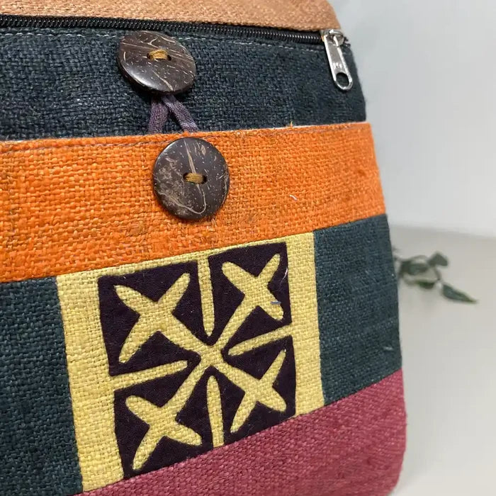 H'mong Patchwork Hemp Crossbody Bag – Orange, Plum & Tribal Embroidery