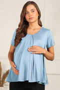 Ice Blue Pleated Nursing Top; design offers stylish fit and comfort for daily wear.