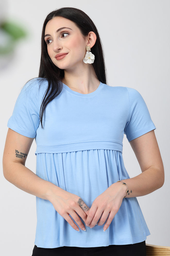 Ice Blue Maternity Zipless Feeding Gathered Top in aqua-blue made with soft Viscose fabric.