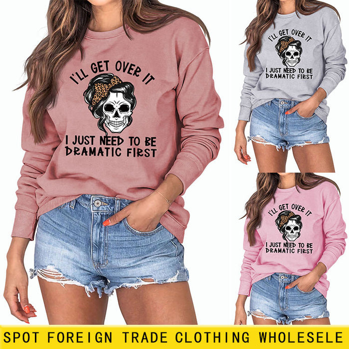 I'LL GET OVER IT Letter Skull Print Long Sleeve Round Neck Sweater Girl