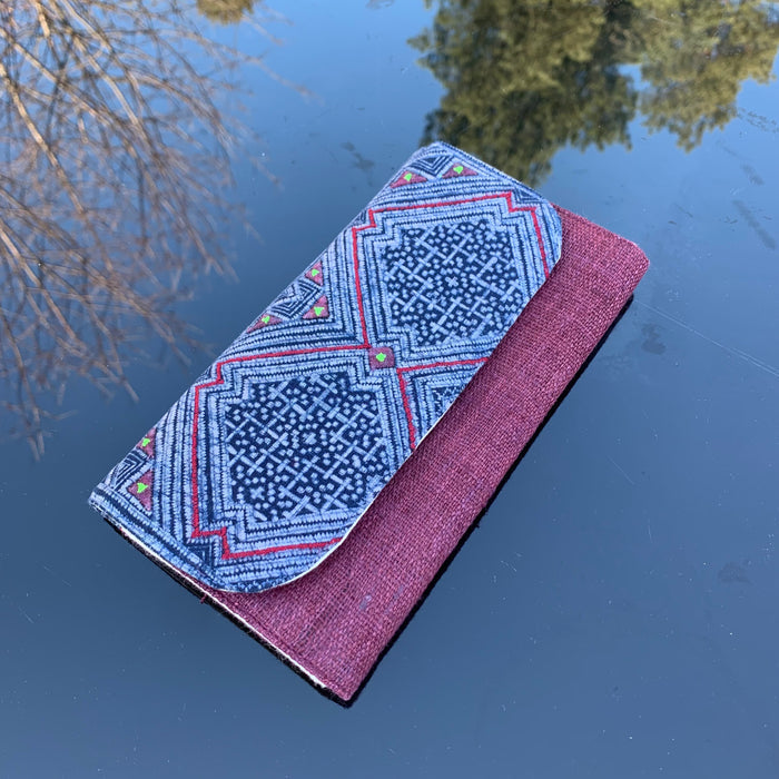 Red long purse, Hemp fabric, Indigo batik, H'mong pattern