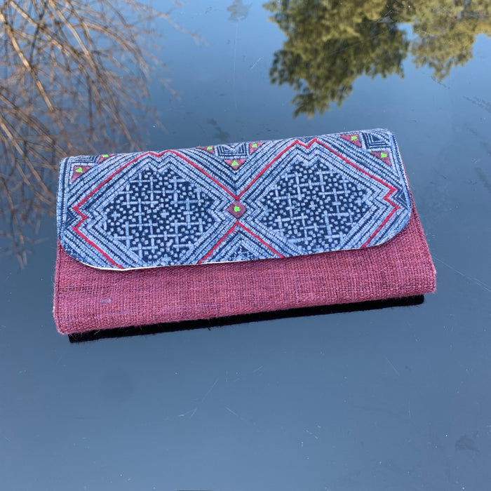 Red long purse, Hemp fabric, Indigo batik, H'mong pattern