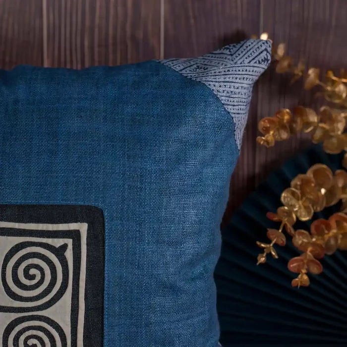 Vindigo blue hemp cushion cover side angle showing handmade embroidery