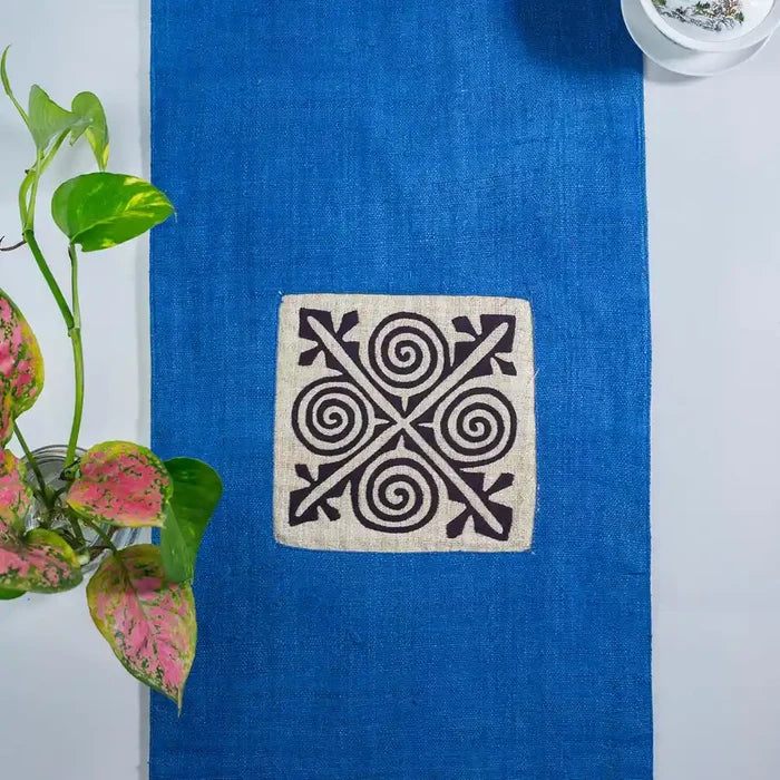 Vindigo blue hemp table runner center view showing detailed H’mong embroidery