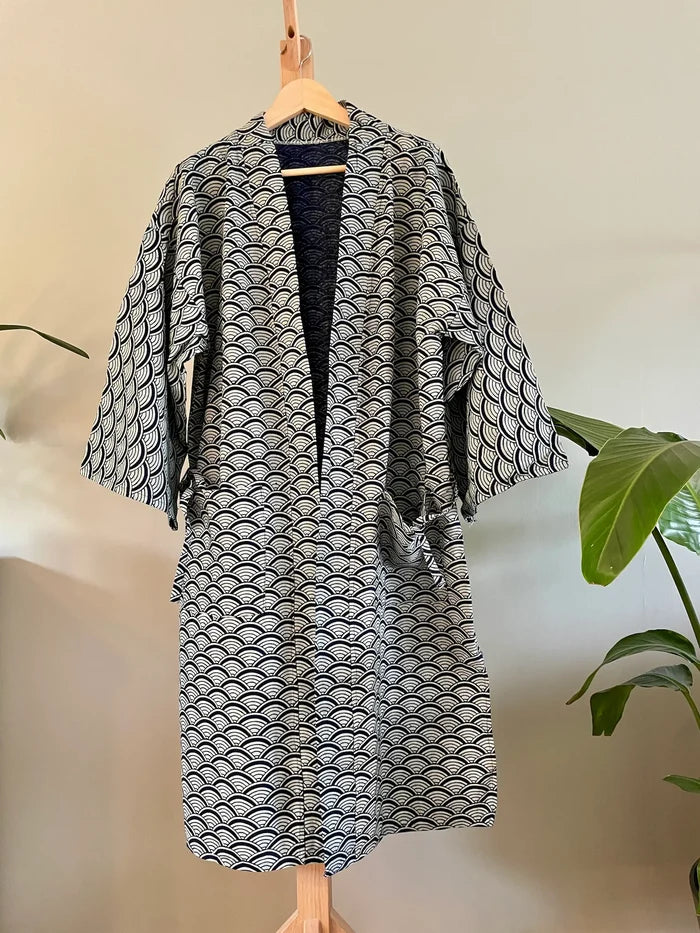 Indigo Cotton Kimono Robe - Japanese Wave, Seigaiha pattern
