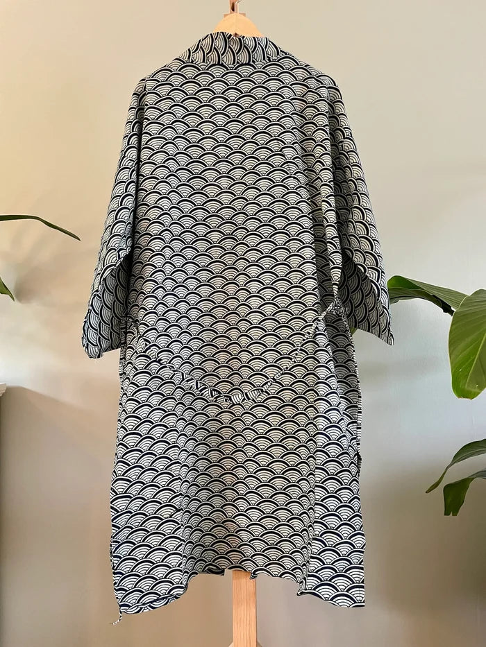 Indigo Cotton Kimono Robe - Japanese Wave, Seigaiha pattern