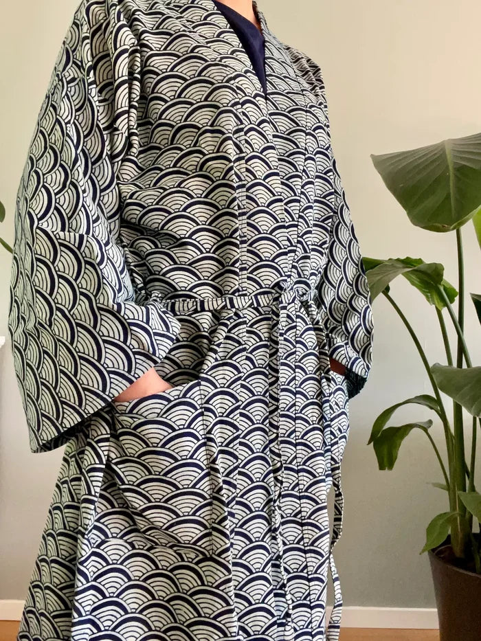 Indigo Cotton Kimono Robe - Japanese Wave, Seigaiha pattern