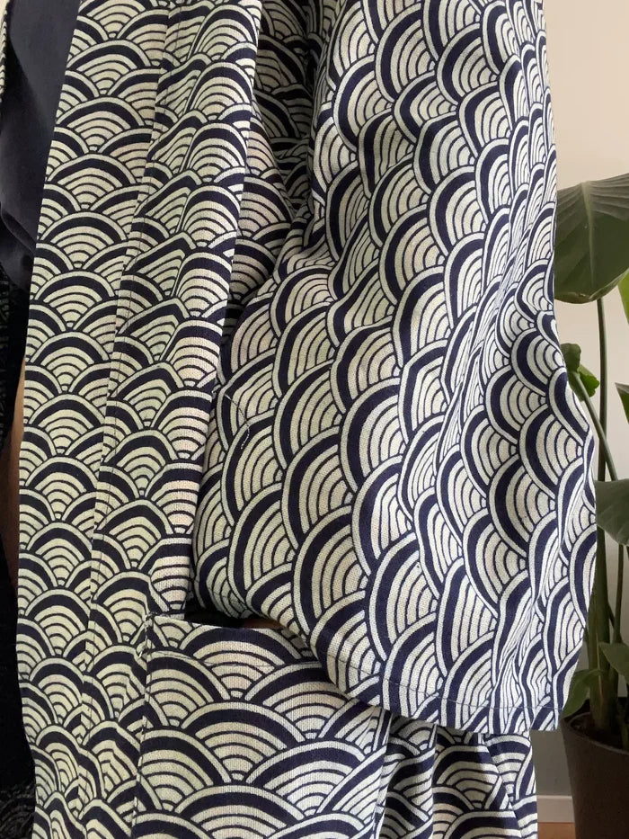 Indigo Cotton Kimono Robe - Japanese Wave, Seigaiha pattern