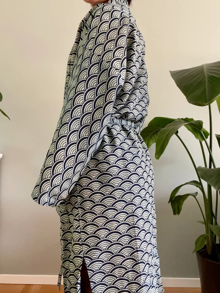 Indigo Cotton Kimono Robe - Japanese Wave, Seigaiha pattern