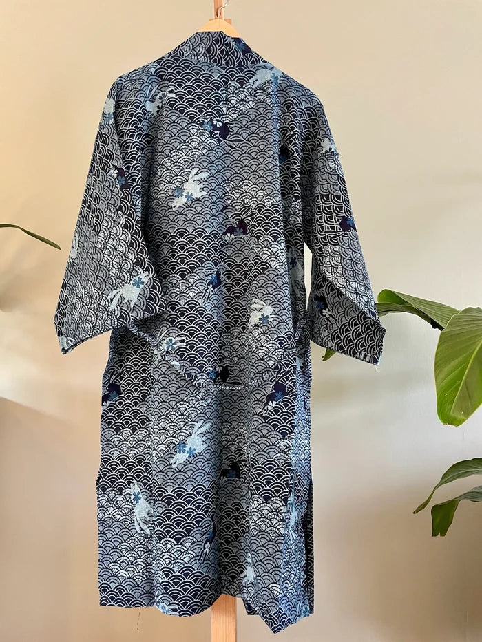 Indigo Cotton Kimono Robe - wave and rabbit pattern