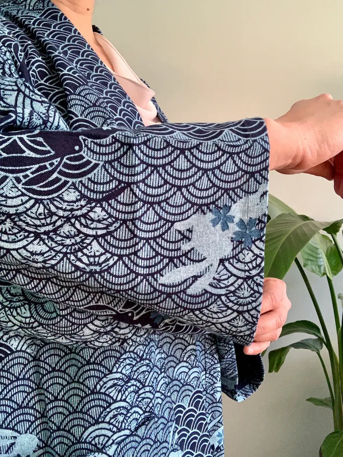 Indigo Cotton Kimono Robe - wave and rabbit pattern