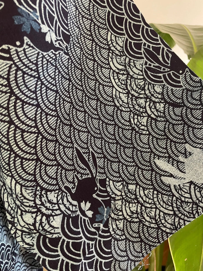 Indigo Cotton Kimono Robe - wave and rabbit pattern