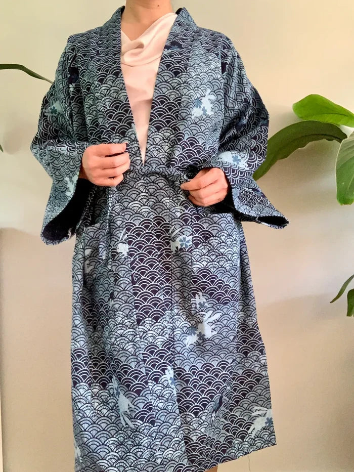 Indigo Cotton Kimono Robe - wave and rabbit pattern